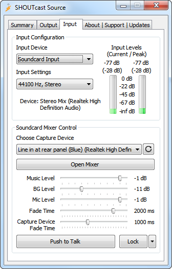 Shoutcast Source Input Tab in soundcard mode
